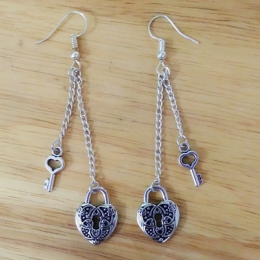 Silver Toned Heart Lock Key Chain Dangle Earrings